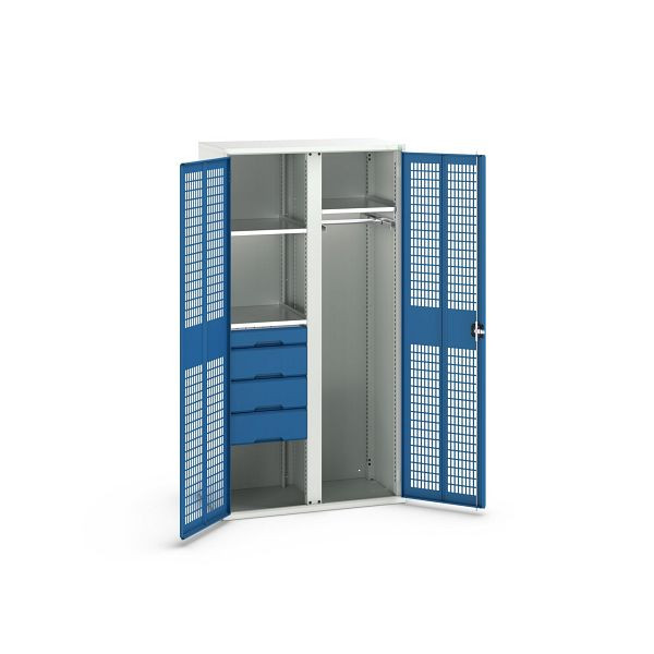 bott verso Garderobenschrank mit Belüftung, mit 3 Fachböden und 4 Schubladen, BxTxH: 1050 x550 x 2000 mm, Lichtgrau / Enzianblau, 16926776.11