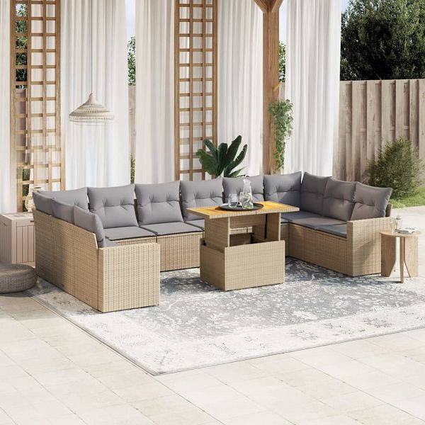 vidaXL 11-teilig Garten-Sofagarnitur mit Kissen Beige Poly Rattan, 3271486