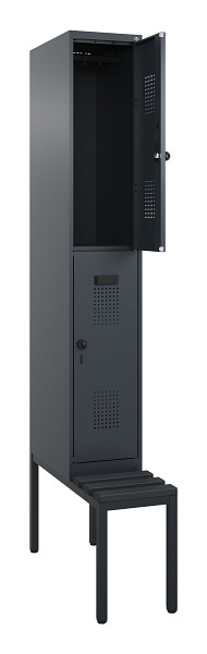 C+P Doppelstock-Spind Evolo PLUS, Bank, 2 Fächer, 2120x300x815mm, 7016/7016, Drehriegel, Sitzfläche Kunststoff, Sitzbank, 0493507-10 S10097