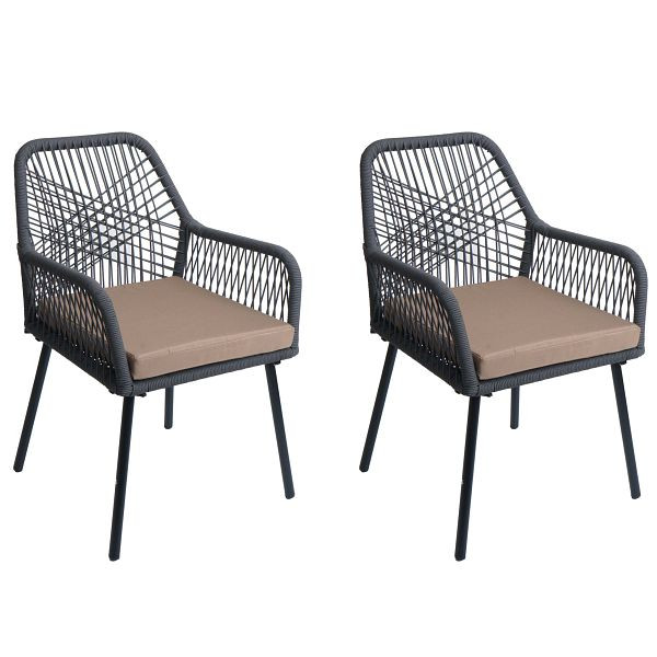 Mendler 2er-Set Gartenstuhl HWC-O12, Outdoor Sitzpolster Aluminium Seilgeflecht Rope, anthrazit, Bezug taupe, 110469