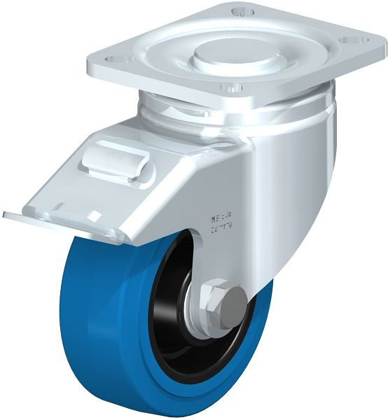 Blickle LH-POEV 100K-1-FI-SB Stahlblech-Lenkrolle, Schwerlast-Ausführung, mit Anschraubplatte & Feststeller, Elastik-Vollgummi, Blau, 737096