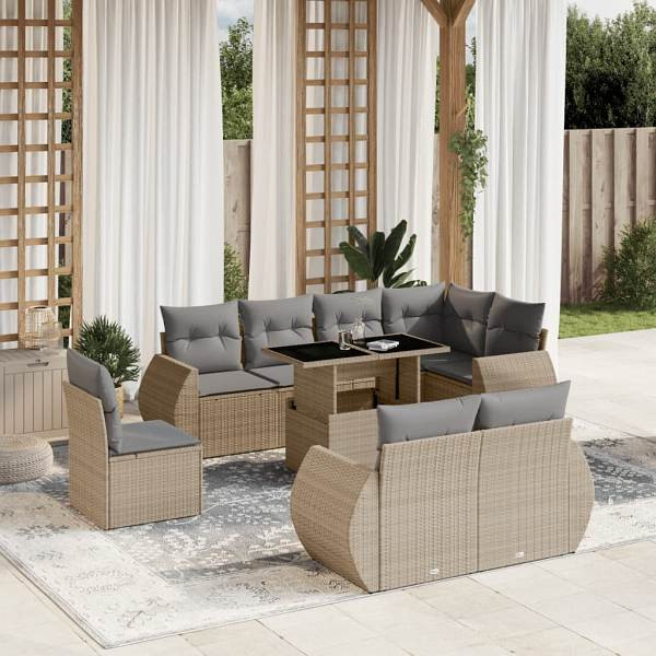vidaXL 9-tlg. Garten-Sofagarnitur mit Kissen Beige Poly Rattan, UV-beständig, 3268669