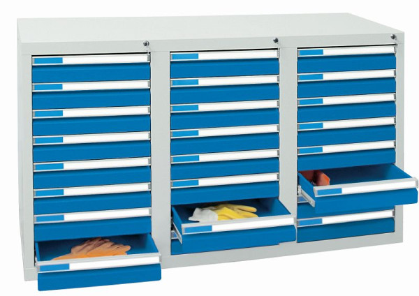 stumpf Schubladenschrank, Breite 150 cm, 100 % Teleskopauszüge, 75 kg / Schublade, Alu-Griffleisten, 24 Schubladen, lichtgrau / lichtblau, 7603178