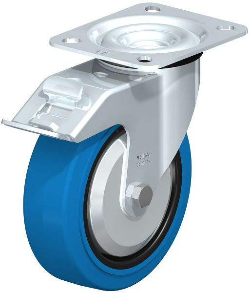 Blickle LE-POEV 125XR-FI-SB-FA Stahlblech-Lenkrolle mit Anschraubplatte & Feststeller, Elastik-Vollgummi, Blau, 850120