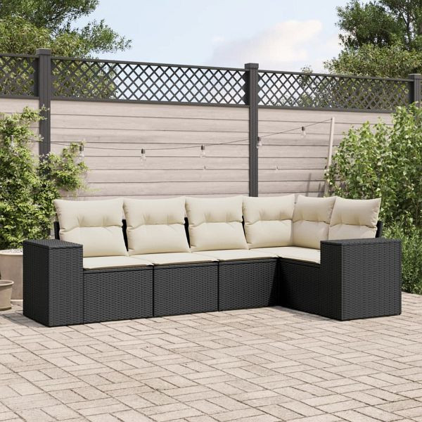 vidaXL 5-teilig Garten-Sofagarnitur mit Kissen Schwarz Poly Rattan, 3222525