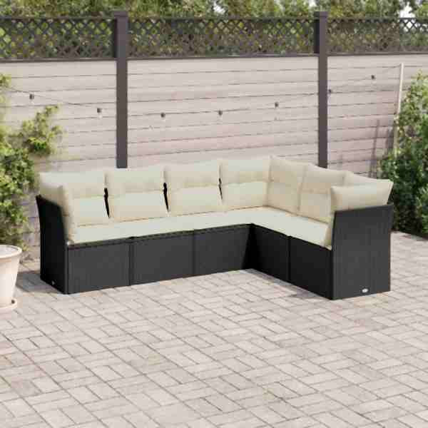 vidaXL 6-tlg. Garten-Sofagarnitur mit Kissen Schwarz Poly Rattan, UV-beständig, 3249515