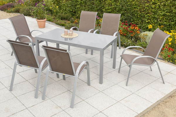 Merxx Amalfi Set 7-teilig, 6 Amalfi Stapelsessel, 1 Tisch 150 x 90 cm, graue Glasplatte, silber/taupe, Aluminiumgestell mit Textilbespannung, 50343-325