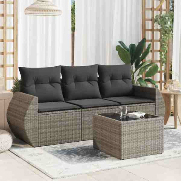 vidaXL 4-tlg. Garten-Sofagarnitur mit Kissen Grau Poly Rattan, UV-beständig, 3221069