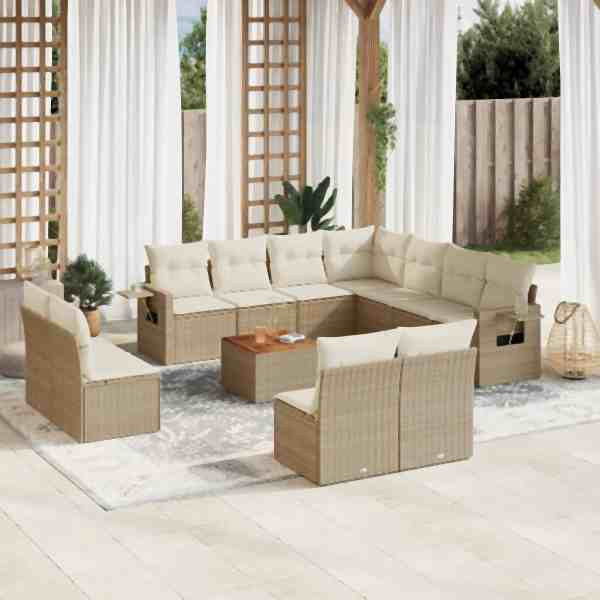 vidaXL 12-tlg. Garten-Sofagarnitur mit Kissen Beige Poly Rattan, UV-beständig, 3256954