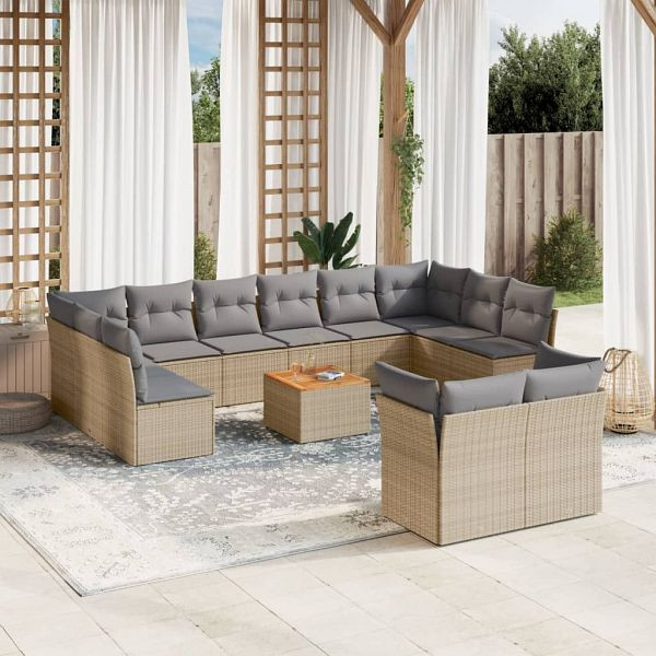 vidaXL 13-teilig Garten-Sofagarnitur mit Kissen Beige Poly Rattan, 3256248