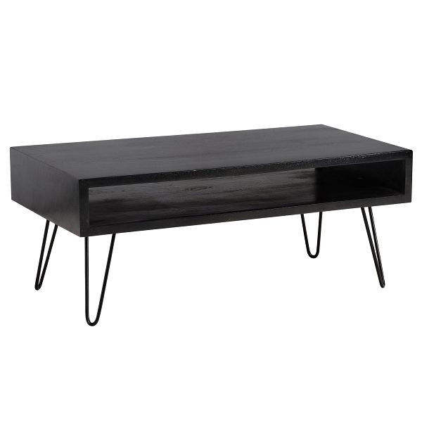 Wohnling Couchtisch 100x50x40cm Mango Massivholz Metall Schwarz Sofatisch, Wohnzimmertisch Rechteckig mit Stauraum, Kaffeetisch Massiv, WL6.841