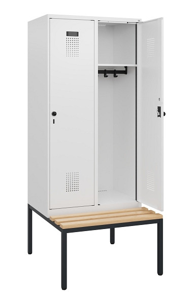 C+P Spind Evolo PLUS, 2 Abteile, 1950x800x815mm, 9016/9016, Drehriegel, Sitzfläche Buche-Hartholz, Sitzbank, 0490505-22 S10023