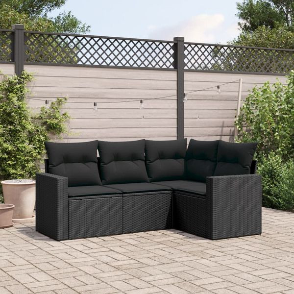 vidaXL 4-teilig Garten-Sofagarnitur mit Kissen Schwarz Poly Rattan, 3218895