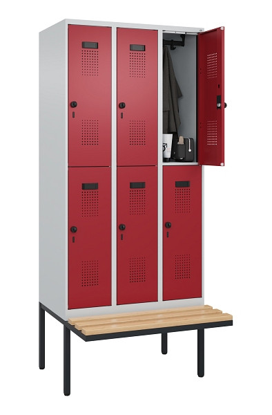 C+P Doppelstock-Spind Evolo PLUS, Bank, 6 Fächer, 2120x900x815mm, 7035/3003, Drehriegel, Sitzfläche Buche-Hartholz, 0493407-30 S10004