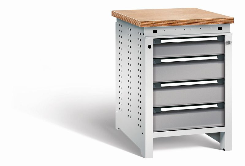 Otto Kind Werkbank Serie function Typ 107, Multiplexplatte, bündig, 4 Schubladen, mit Zentralverschluss, Gehäuse RAL 7035, Front RAL 7037, 072324167