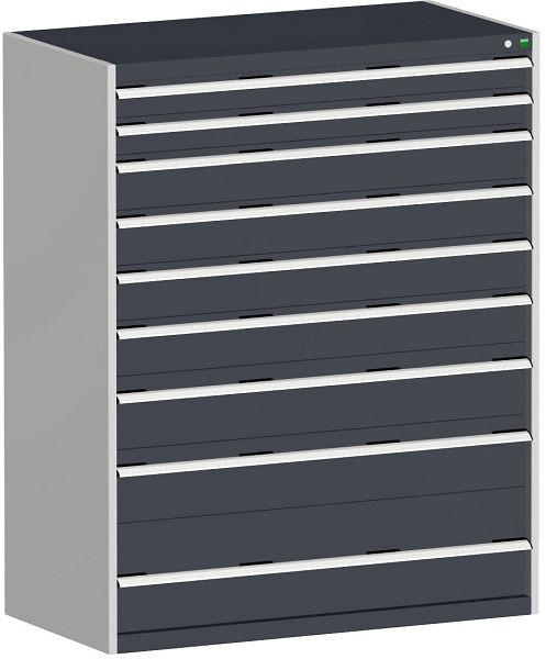 bott cubio Schubladenschrank bestückt mit 9 Schwerlastschubladen BxTxH: 1300 x 750 x 1600 mm, RAL 7035/7016, 40030076.19V