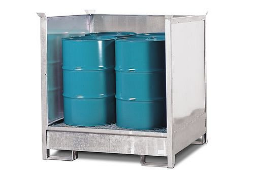 DENIOS Gefahrstoffstation 4 P2-O-V50 aus Stahl, verzinkt, für 4 Fässer à 200 Liter, 3 Wände, stapelbar, 178414