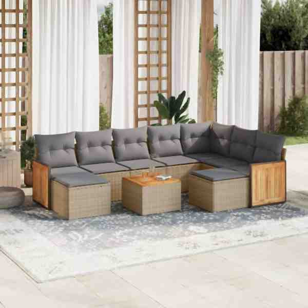 vidaXL 10-tlg. Garten-Sofagarnitur mit Kissen Beige Poly Rattan, UV-beständig, 3260631