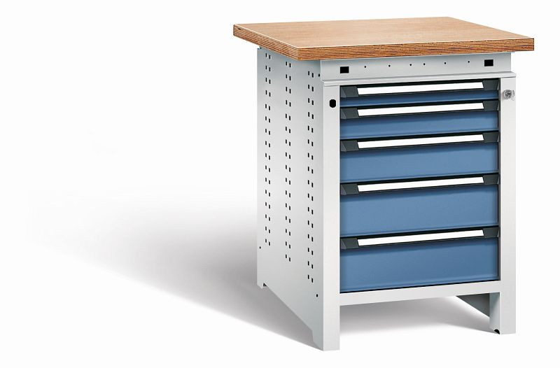 Otto Kind Werkbank Serie function Typ 109, Multiplexplatte, überstehend, 5 Schubladen, mit Zentralverschluss, Gehäuse RAL 7035, Front RAL 5023, 072326264