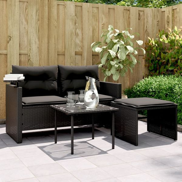 vidaXL 3-tlg. Garten-Sofagarnitur mit Kissen Schwarz Poly Rattan, 365458