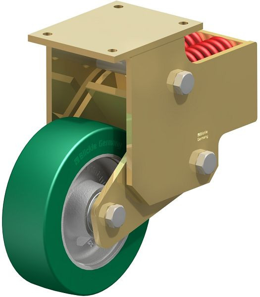 Blickle BSFN-GST 252K Stahlgeschweißte Schwerlast-Bockrolle mit Stahlfeder, Blickle Softhane®, Grün, 755375