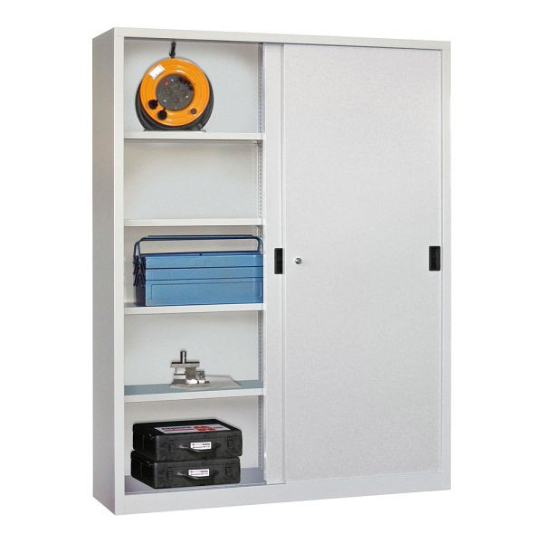 Pavoy Schwerlastschiebetürschrank 1950/1500/400, Mitteltrennwand, 8 gepulverte Fachböden; Drehdruckzylinderschloss, 30332-150-401-910735