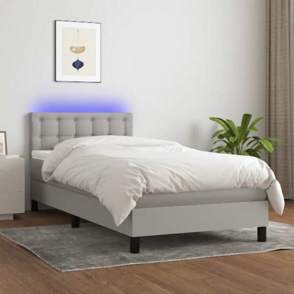 vidaXL Boxspringbett mit Matratze & LED Hellgrau 100x200 cm Stoff, 3133453