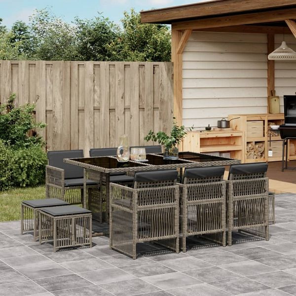 vidaXL 11-tlg. Garten-Essgruppe mit Kissen Grau Poly Rattan, 3210968