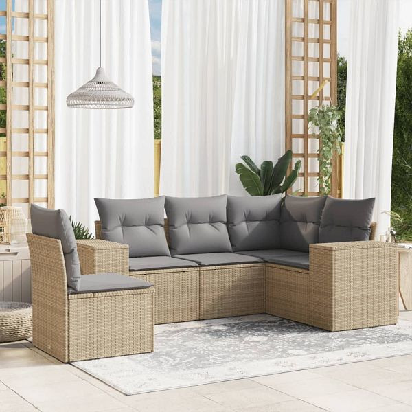 vidaXL 5-teilig Garten-Sofagarnitur mit Kissen Beige Poly Rattan, 3222568