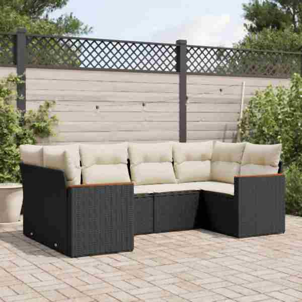 vidaXL 6-tlg. Garten-Sofagarnitur mit Kissen Schwarz Poly Rattan, UV-beständig, 3226259