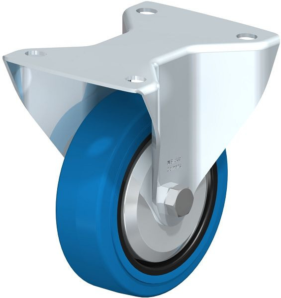 Blickle BK-POEV 125KD-3-SB-FA Stahlblech-Bockrolle, schwere Ausführung, mit Anschraubplatte, Elastik-Vollgummi, Blau, 851419