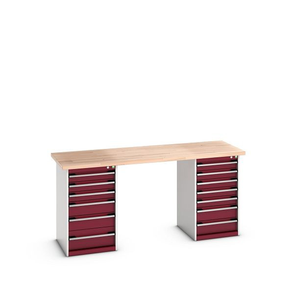 bott cubio Werkbank mit 2 Schubladenschränken 13 Schubladen, Rotbuche-Platte, BxTxH: 2000x750x940mm, Rotbuche RAL 7035/3004, 41003518.24V