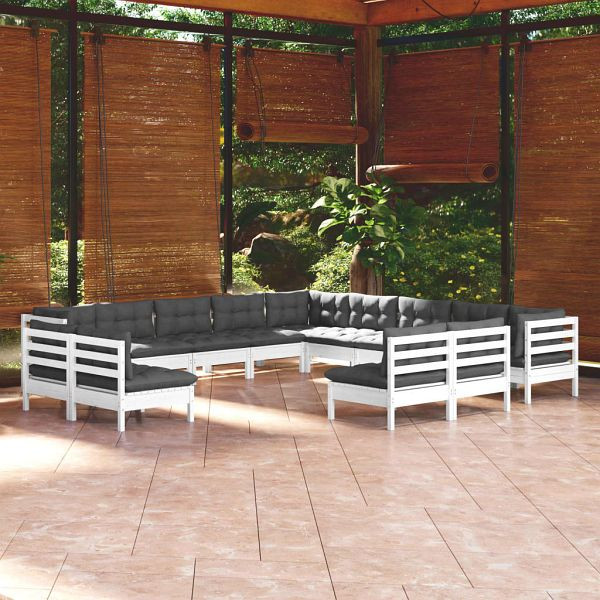 vidaXL 13-teilig Garten-Lounge-Set mit Kissen Weiß Massivholz Kiefer, 3096888