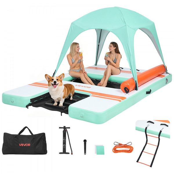 VEVOR Aufblasbares Schwimmdock 3,05x1,83m, Rutschfest, mit Tragetasche, Sonnendach & Abnehmbarer Leiter, Wasserplattform, CQFTZFX106FT94P85001V0