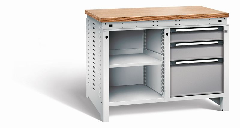 Otto Kind Werkbank Serie function Typ 212, Multiplexplatte, bündig, 2x Unterbau, 1x Zentralverschluss, Gehäuse RAL 7035, Front RAL 7037, 072342167