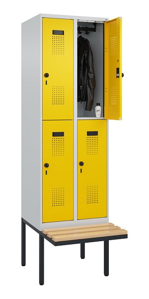 C+P Doppelstock-Spind Evolo PLUS, Bank, 4 Fächer, 2120x600x815mm, 7035/1023, Drehriegel, Sitzfläche Buche-Hartholz, 0493407-20 S10001