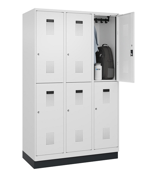 C+P Doppelstöckiger Spind Evolo PLUS, mit Sockel, 6 Fächer, 1950x1200x500mm, 901, Frontfarbe RAL 9016 Verkehrsweiß, Zylinderschloss, 049320-32 S10047