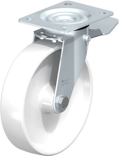 Blickle LE-PO 200R-ST Stahlblech-Lenkrolle mit Anschraubplatte & Feststeller, Polyamid, Weiß, 264184