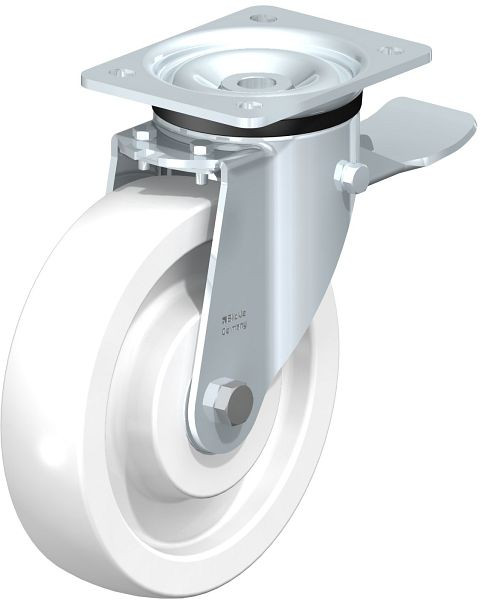 Blickle LK-SPO 200K-ST Stahlblech-Lenkrolle, schwere Ausführung, mit Anschraubplatte & Feststeller, Polyamid, Weiß, 14894