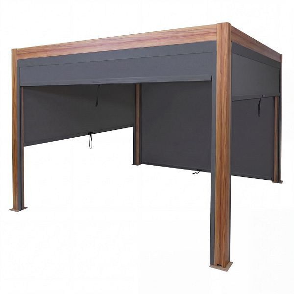 Mendler Pergola HWC-L46 mit Seitenwand, Lamellen-Pavillon Rollo, 10cm-Alu-Gestell, sturmfest 3x3m, Gestell Holzoptik, 120680+120681+120682+4x99263