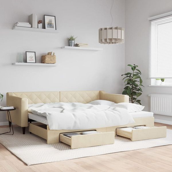 vidaXL Tagesbett Ausziehbar mit Schubladen Creme 90x200 cm Stoff, 3197466