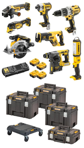 DeWalt 18 Volt / 5 Ah Akku-Schlagbohrschrauber-Set (DCD 996, DCF 887, DCH 273, DCG 405, DCS 367, DCS 356, DCS 565, DCL 050, 4x DCB 184), DCK853P4T-QW