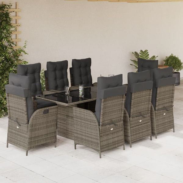vidaXL 9-teilig Garten-Essgruppe mit Kissen Grau Poly Rattan, 3213122