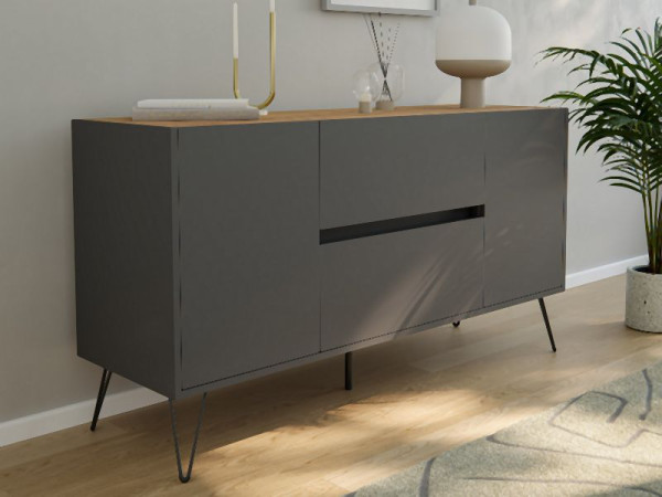 Posseik Sideboard Industrial F 140cm 2 Schubladen 2 Türen Grafit/Eiche Top, PN2083X0000058DE