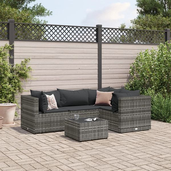 vidaXL 5-tlg. Garten-Lounge-Set mit Kissen Grau Poly Rattan, 3308082