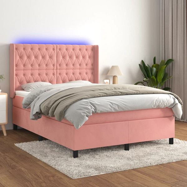 vidaXL Boxspringbett mit Matratze & LED Rosa 140x200 cm Samt, 3139750