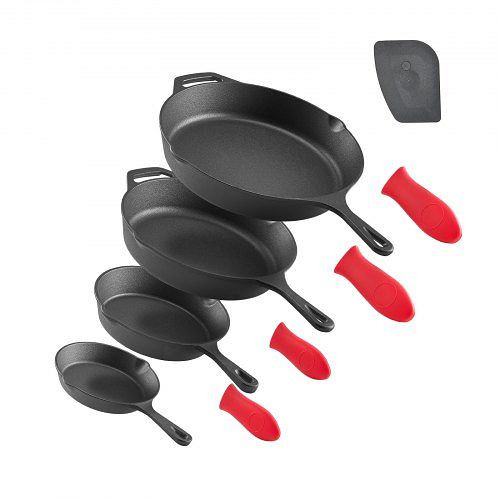 VEVOR Gusseisenpfannen-Set (150/205/260/305 mm) mit hitzebeständigem Griff, Backofen Gas Elektro geeignet, Schwarz, ZTCGSJTCT681923OS001V0