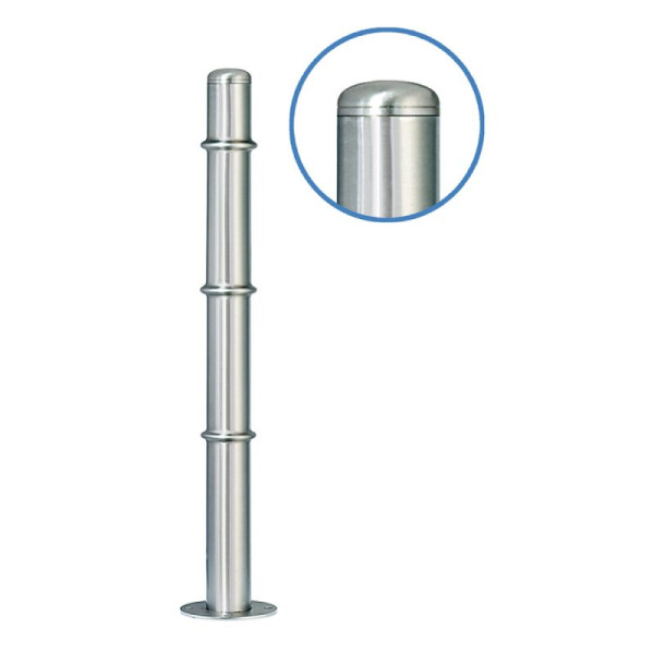 Stein HGS Absperrpfosten -Acero Rundkopf- (V2A) Ø 76 mm aus Edelstahl mit 3 Zierringen (Oben, Mitte, Unten), zum Einbetonieren, glasperlengestrahlt, 13200-gg
