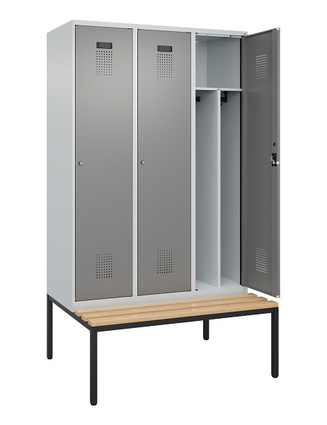 C+P Spind Evolo PLUS, 3 Abteile, 2120x1200x815mm, 7035/0004, Haken 4, Zylinderschloss, Sitzfläche Buche-Hartholz, Sitzbank, Trennwand, 0490507-32F S10041
