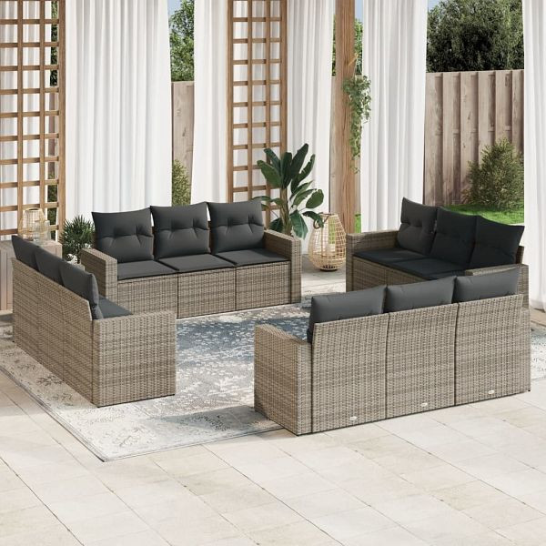 vidaXL 12-teilig Garten-Sofagarnitur mit Kissen Grau Poly Rattan, 3218760
